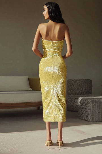Sparkly Yellow Strapless Sheath Sequin Long Formal Dress